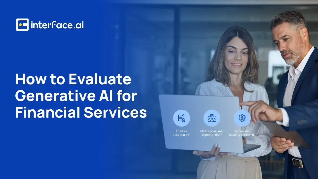 Two professionals with a laptop presenting on AI in financial services.