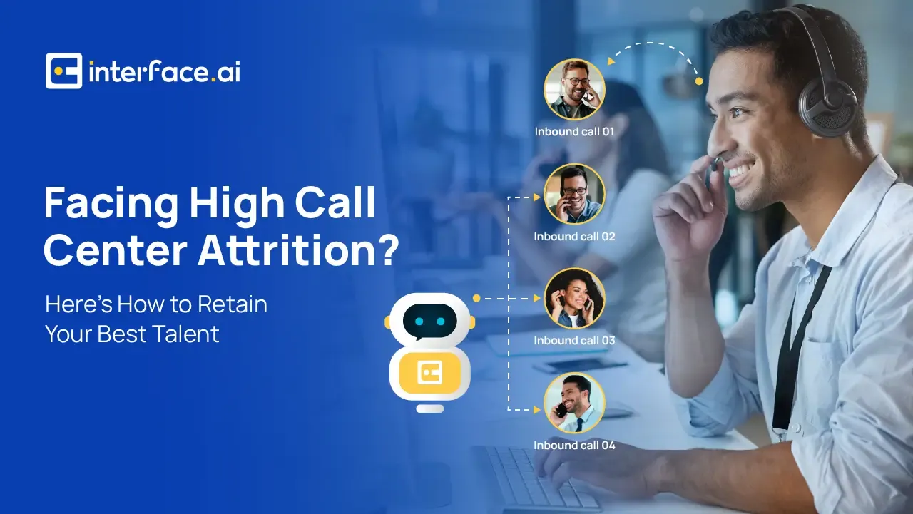 Call center themed ad promoting solutions for employee retention with graphics and text overlay.