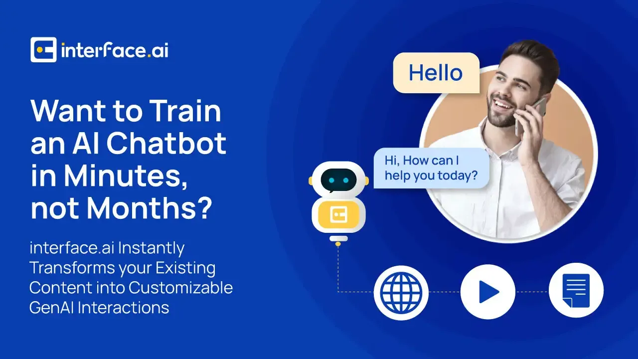 Promotional graphic for Interface.ai with a chatbot, text bubbles, and icons emphasizing AI chatbot training.