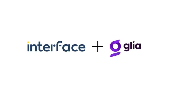 Logos of "interface" and "glia" with a plus sign, indicating a partnership or merger.