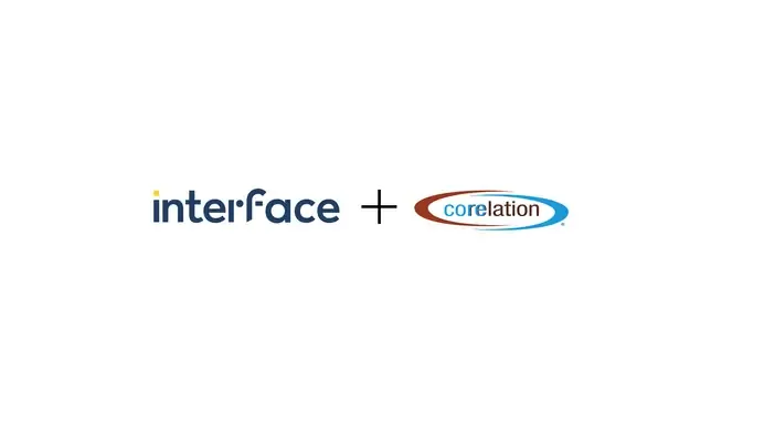 Two logos "interface" and "corelation" separated by a plus sign on a white background.