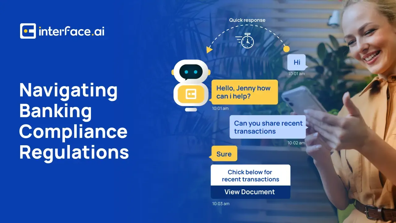 A promotional image for a banking compliance chatbot with a conversation UI and text bubbles.