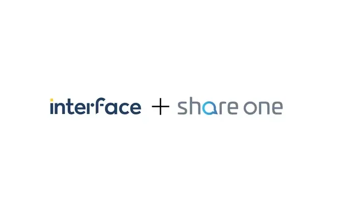 Text "interface + share one" with stylized lettering on a white background.