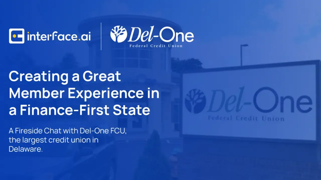 Blue graphic featuring logos of Interface.ai and Del-One Federal Credit Union, with text about creating a great member experience in Delaware, where Del-One is the largest credit union.