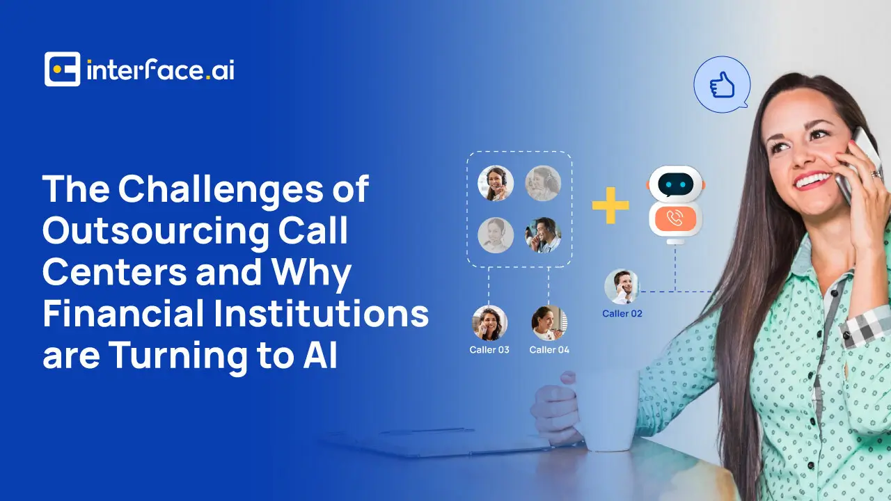 Promotional graphic for AI call centers displaying icons representing callers and an AI bot.